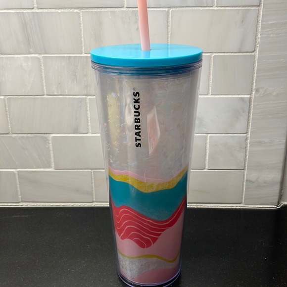 STARBUCKS desert beach cup double wall tumbler 24 ounce plastic with lid & straw